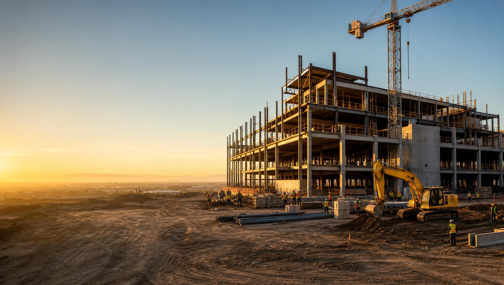 Large commercial construction site at golden hour with tower crane, steel framework and excavator